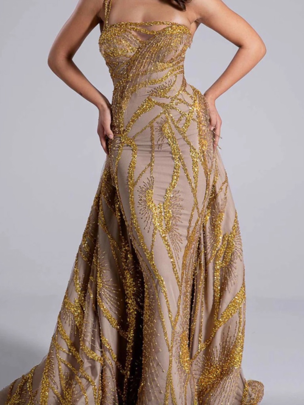 Strapless Nude Evening Gown with Gold Embellishment